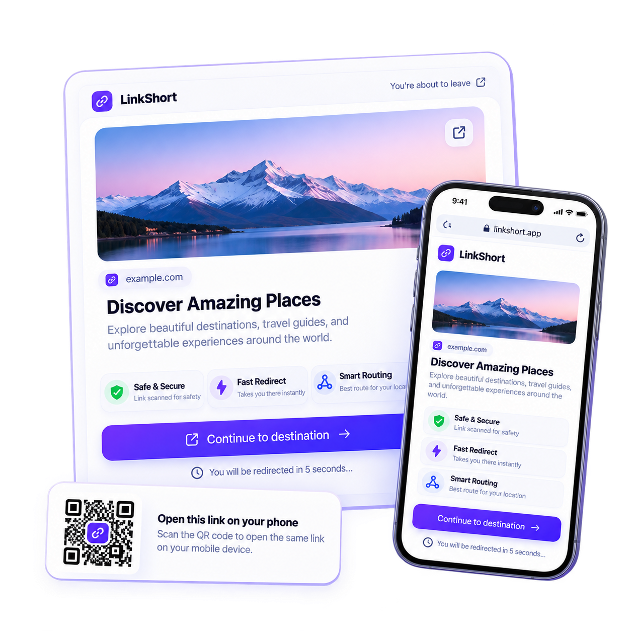 Branded destination preview with mountain image and mobile view